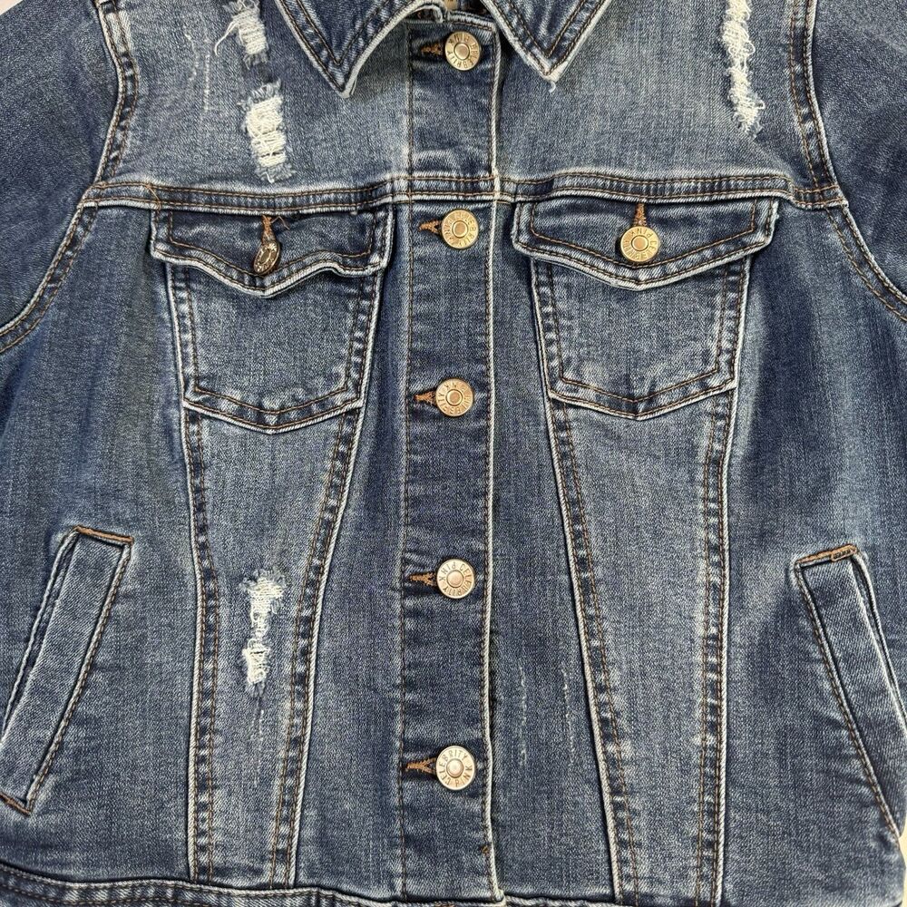 Celebrity Pink Denim Jean Jacket Women’s XS Blue Distressed Button Front - Picture 2 of 4